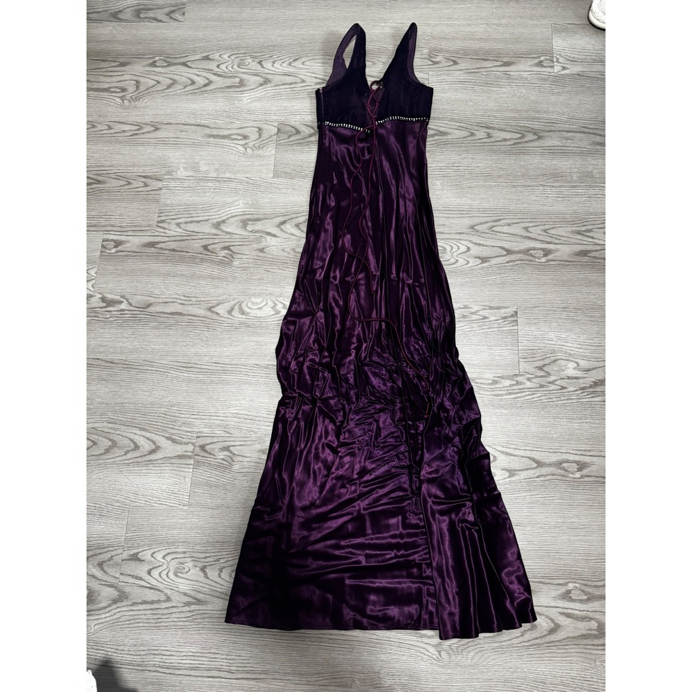 Vintage Jump Apparel Co Purple Velvet Satin Rhinestone Lace Up Maxi Dress Size 3 - Picture 4 of 5